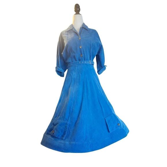 Blue Vintage 50s Day Dress Full Skirt Button Front Puff Sleeve - Picture 1 of 4
